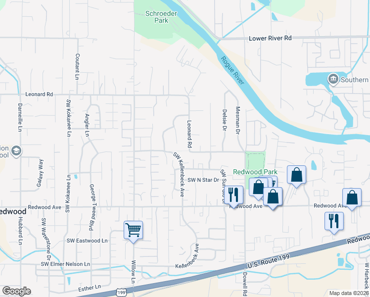 map of restaurants, bars, coffee shops, grocery stores, and more near 1692 Leonard Road in Grants Pass