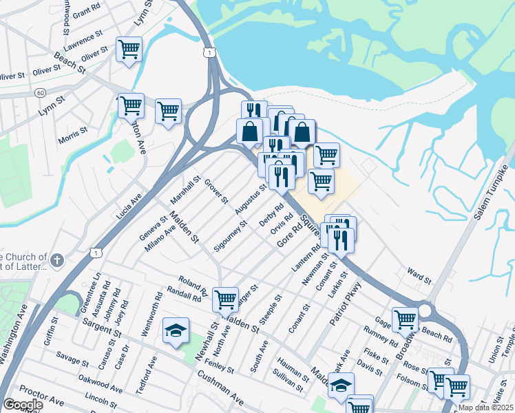 map of restaurants, bars, coffee shops, grocery stores, and more near 117 Sigourney Street in Revere