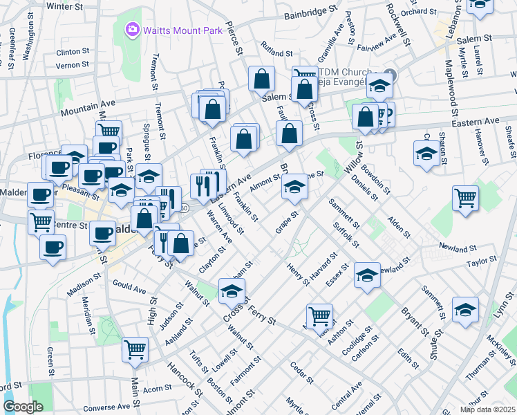 map of restaurants, bars, coffee shops, grocery stores, and more near 122 Franklin Street in Malden