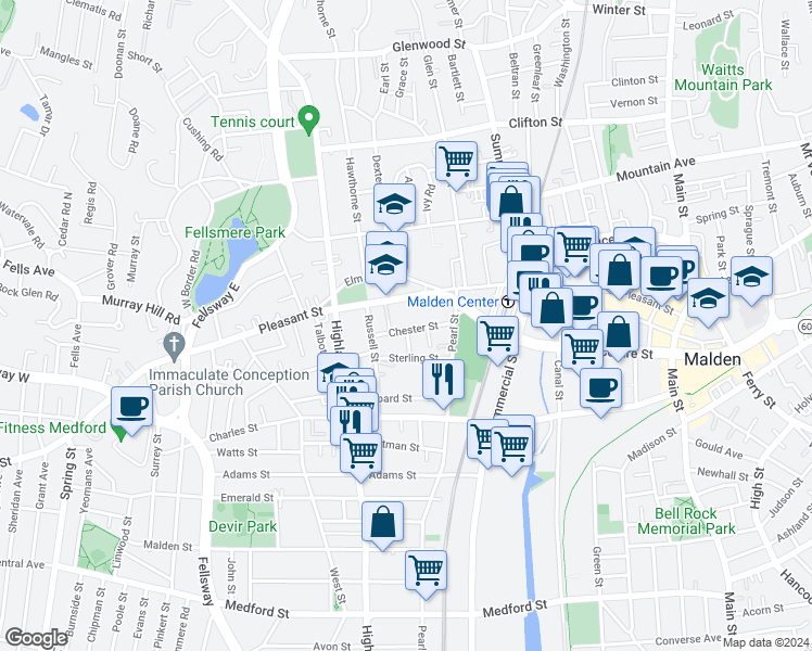 map of restaurants, bars, coffee shops, grocery stores, and more near 57 Chester Street in Malden