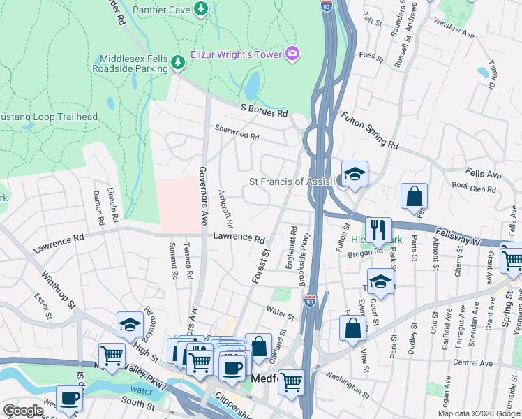 map of restaurants, bars, coffee shops, grocery stores, and more near 11 Cook Circle in Medford