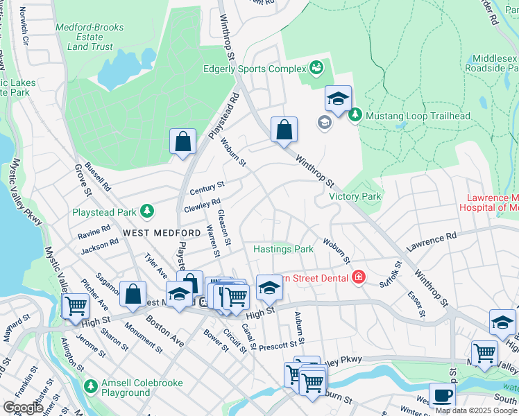 map of restaurants, bars, coffee shops, grocery stores, and more near 125 Brooks Street in Medford