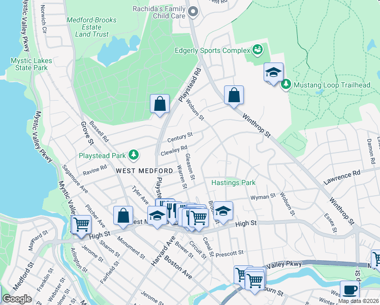 map of restaurants, bars, coffee shops, grocery stores, and more near 22 Corinne Road in Medford