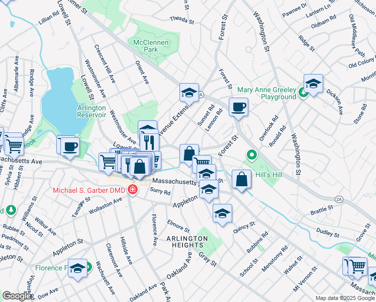map of restaurants, bars, coffee shops, grocery stores, and more near 56 Bow Street in Arlington