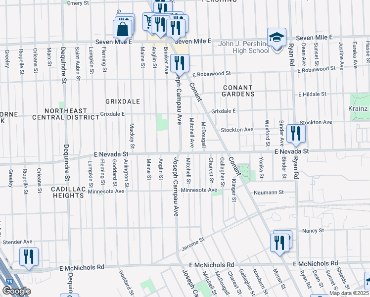 map of restaurants, bars, coffee shops, grocery stores, and more near 18003 Joseph Campau Avenue in Detroit