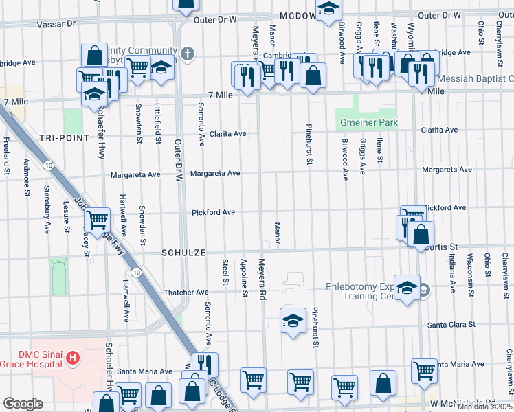 map of restaurants, bars, coffee shops, grocery stores, and more near 18400 Meyers Road in Detroit