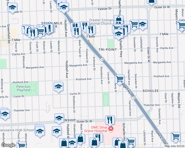 map of restaurants, bars, coffee shops, grocery stores, and more near 18437 Ardmore Street in Detroit
