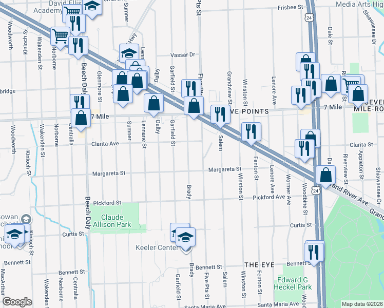 map of restaurants, bars, coffee shops, grocery stores, and more near 18667 5 Points Street in Redford Charter Township