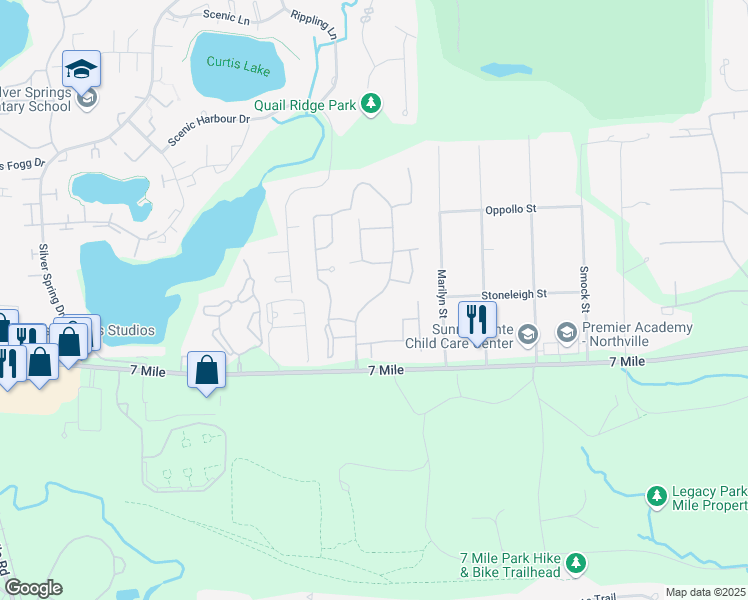 map of restaurants, bars, coffee shops, grocery stores, and more near 19342 Northridge Drive in Northville