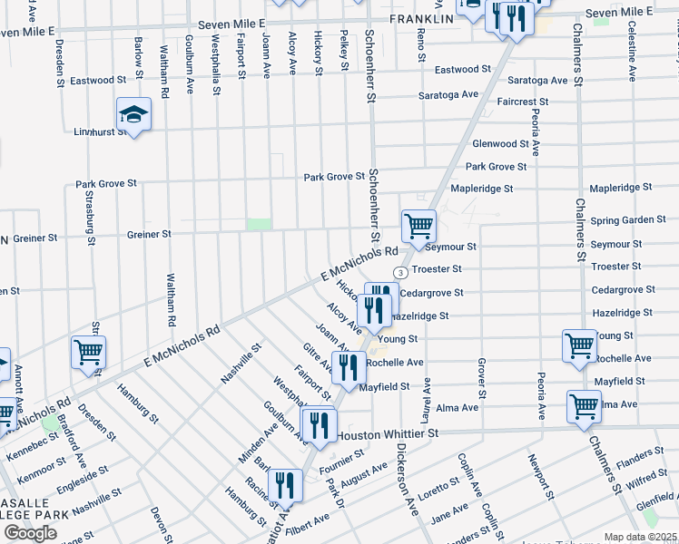 map of restaurants, bars, coffee shops, grocery stores, and more near 13430 McNichols East in Detroit