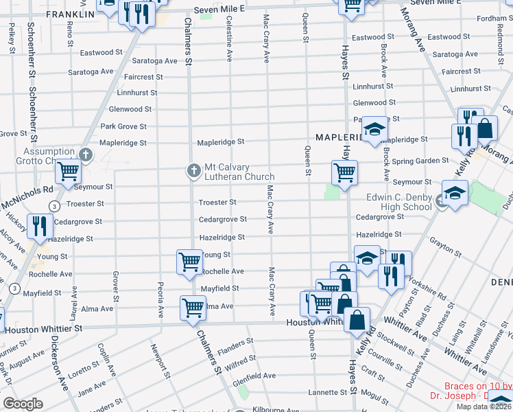 map of restaurants, bars, coffee shops, grocery stores, and more near 14674 Troester Street in Detroit