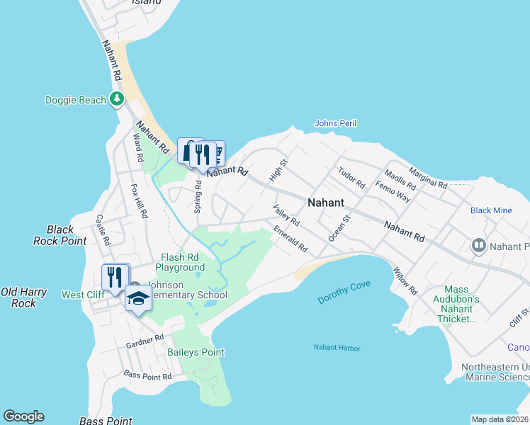 map of restaurants, bars, coffee shops, grocery stores, and more near 80 Spring Road in Nahant