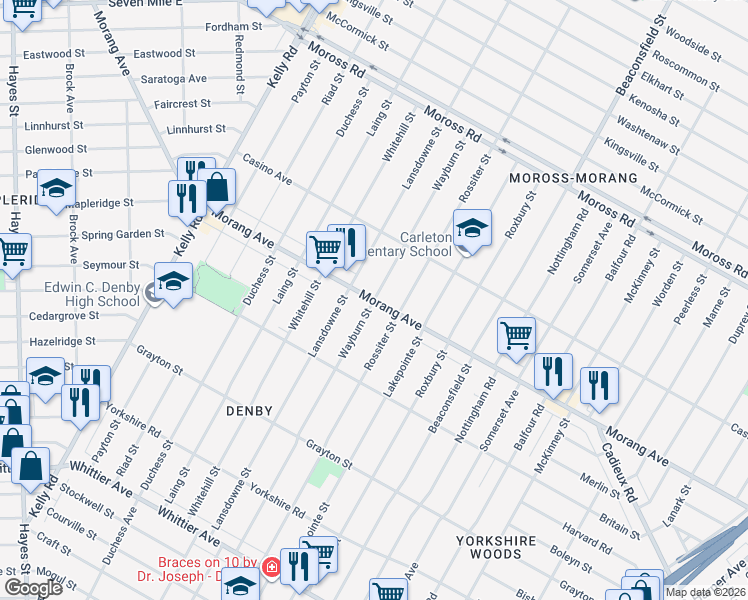 map of restaurants, bars, coffee shops, grocery stores, and more near Morang Dr & Wayburn Ave in Detroit
