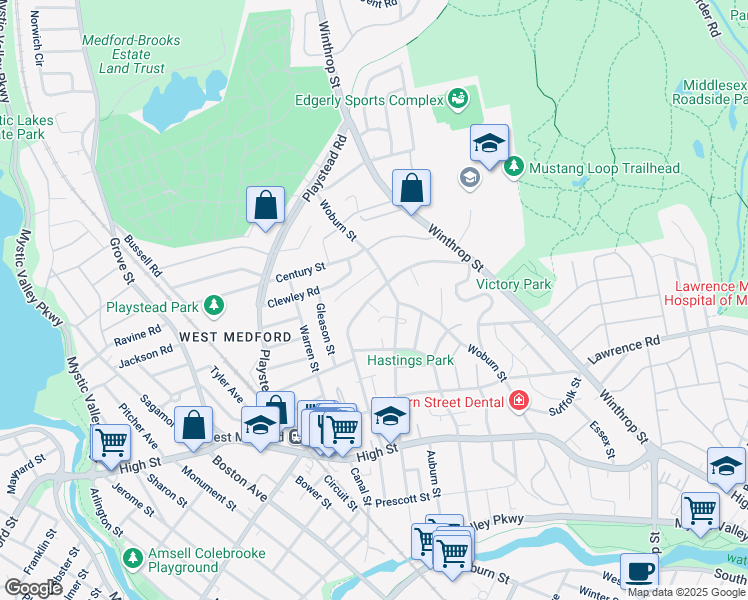 map of restaurants, bars, coffee shops, grocery stores, and more near 125 Brooks Street in Medford