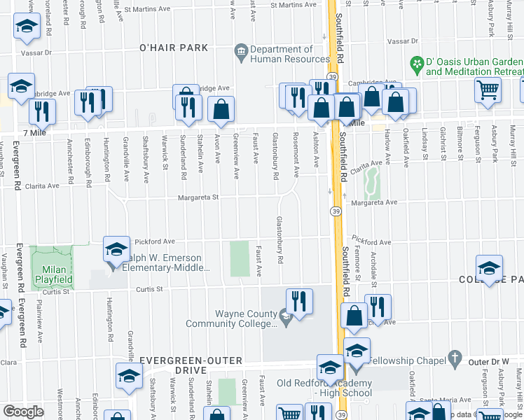 map of restaurants, bars, coffee shops, grocery stores, and more near 18490 Faust Avenue in Detroit