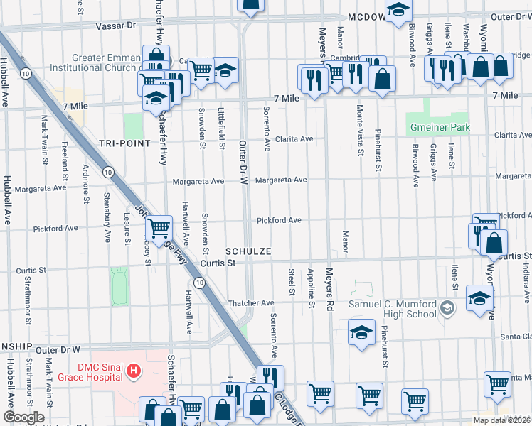 map of restaurants, bars, coffee shops, grocery stores, and more near 18410 Sorrento Avenue in Detroit