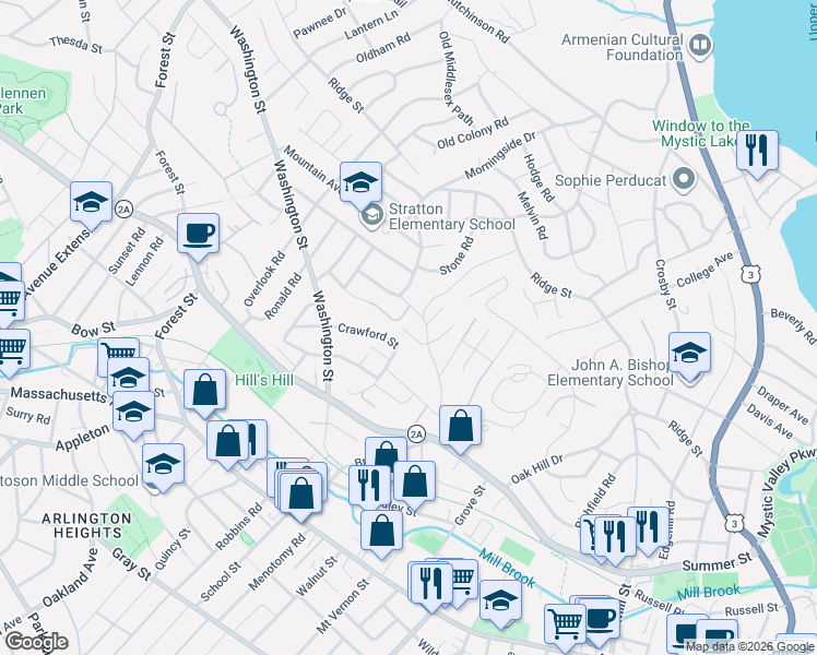 map of restaurants, bars, coffee shops, grocery stores, and more near 27 Governor Road in Arlington