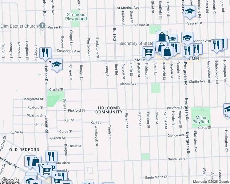 map of restaurants, bars, coffee shops, grocery stores, and more near 18525 Burt Road in Detroit