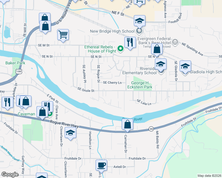 map of restaurants, bars, coffee shops, grocery stores, and more near 1490 Southeast Portola Drive in Grants Pass