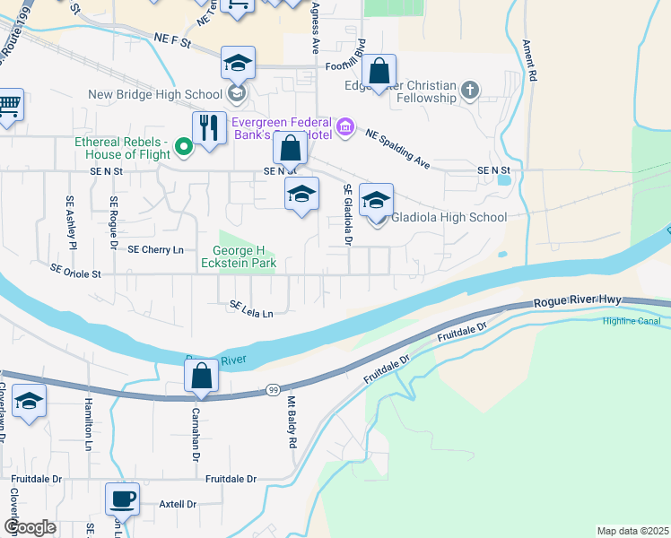 map of restaurants, bars, coffee shops, grocery stores, and more near 1982 Southeast Portola Drive in Grants Pass
