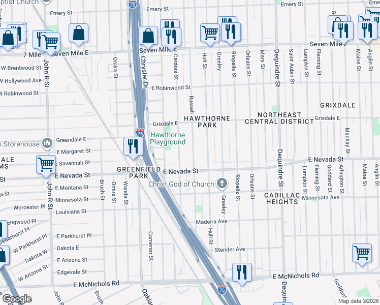 map of restaurants, bars, coffee shops, grocery stores, and more near 18066 Russell in Highland Park
