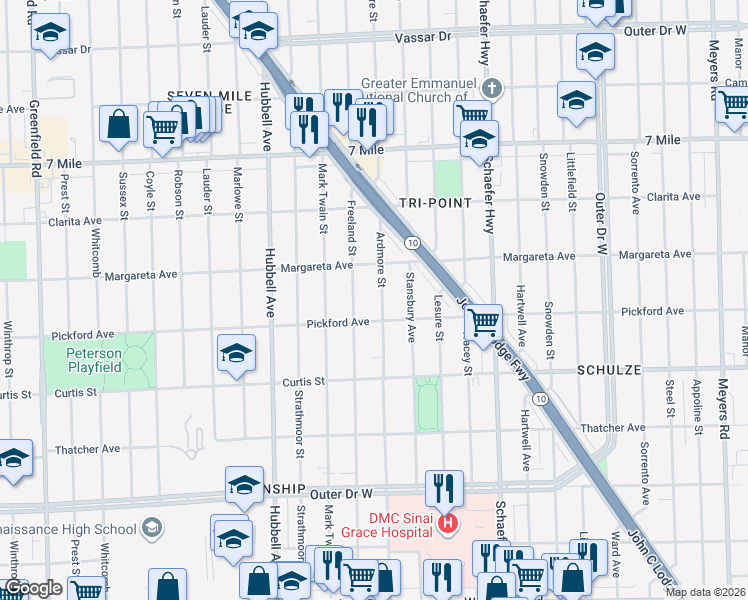 map of restaurants, bars, coffee shops, grocery stores, and more near 18437 Ardmore Street in Detroit