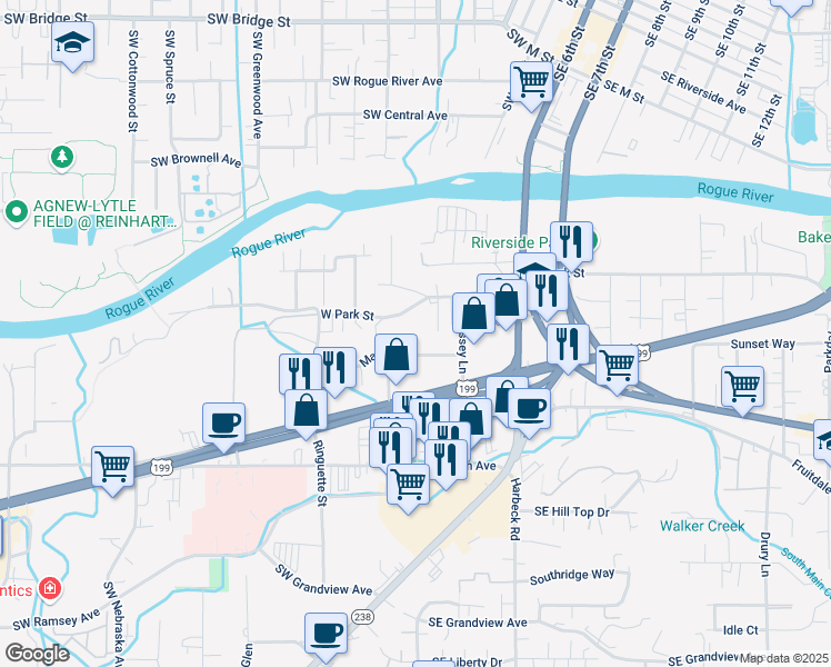 map of restaurants, bars, coffee shops, grocery stores, and more near 333 West Park Street in Grants Pass