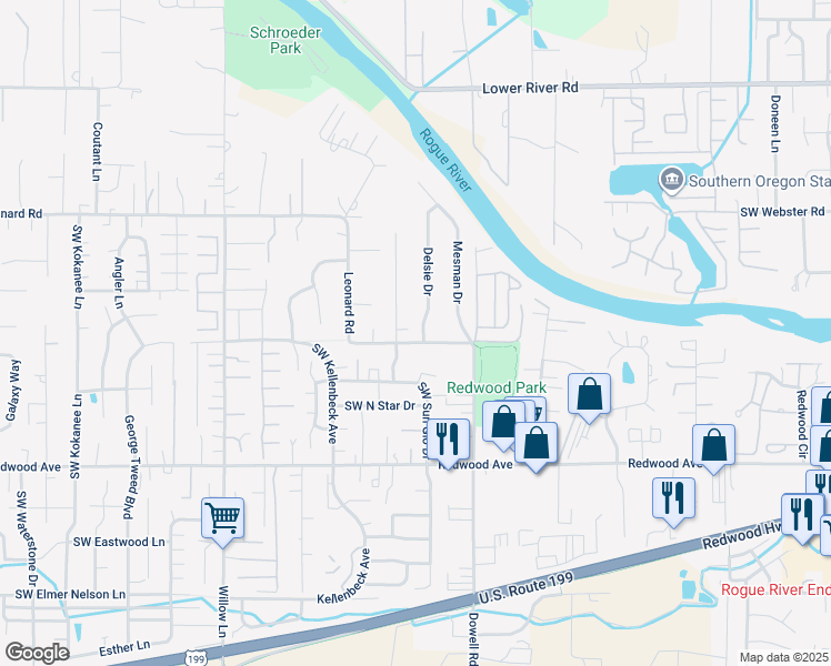 map of restaurants, bars, coffee shops, grocery stores, and more near 776 Delsie Drive in Grants Pass