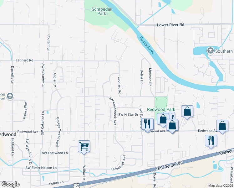 map of restaurants, bars, coffee shops, grocery stores, and more near 1692 Leonard Road in Grants Pass