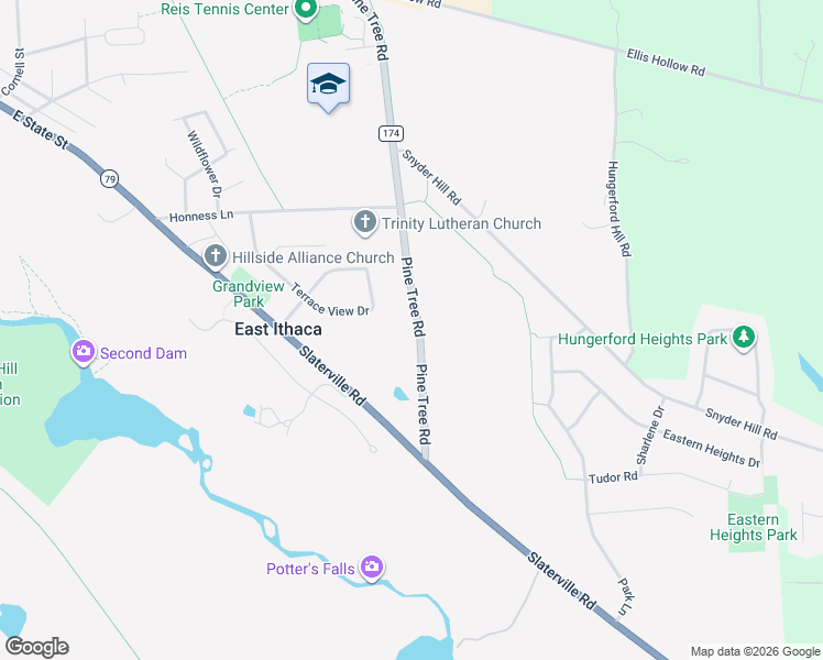 map of restaurants, bars, coffee shops, grocery stores, and more near 126 Pine Tree Road in Ithaca