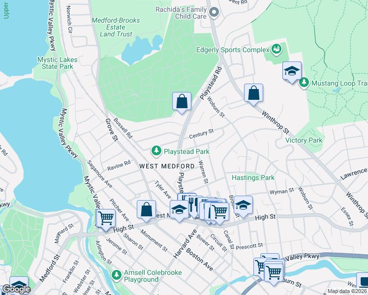map of restaurants, bars, coffee shops, grocery stores, and more near 115 Playstead Road in Medford