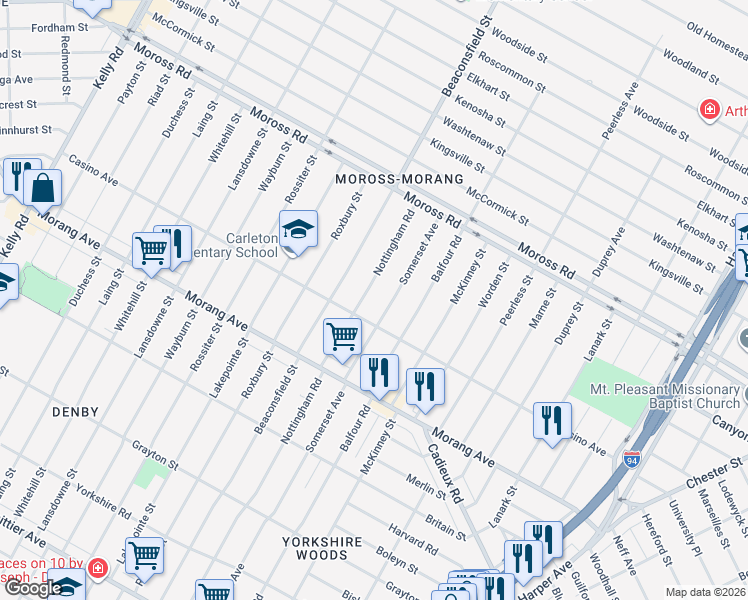 map of restaurants, bars, coffee shops, grocery stores, and more near 11542 Nottingham Rd in Detroit