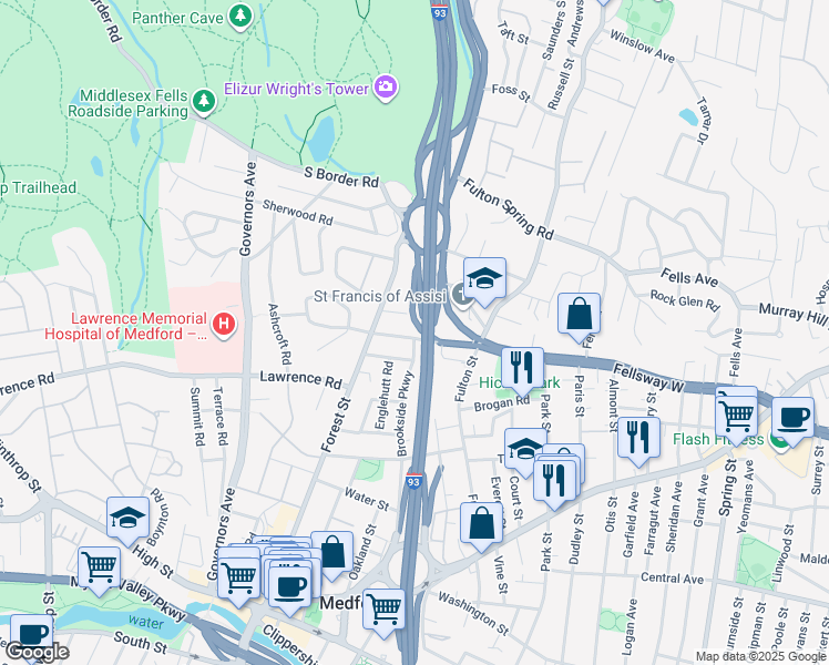 map of restaurants, bars, coffee shops, grocery stores, and more near 28 Valley Street in Medford