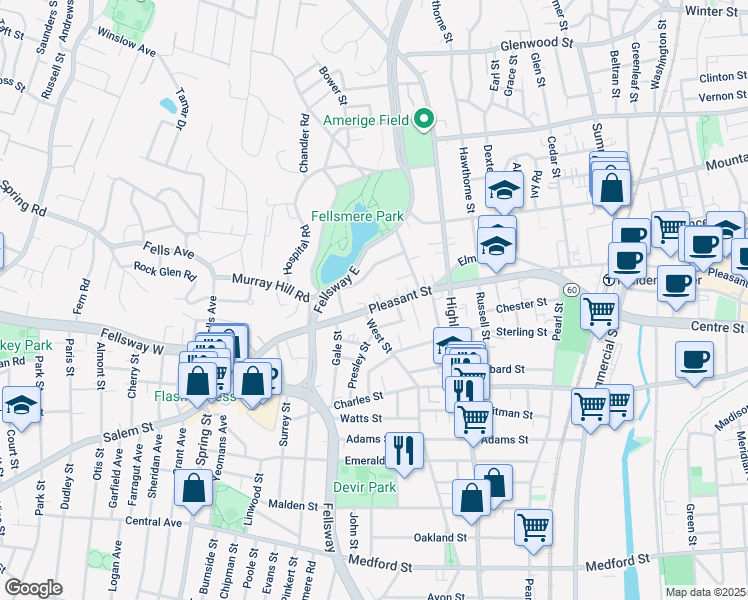 map of restaurants, bars, coffee shops, grocery stores, and more near 515 Pleasant Street in Malden