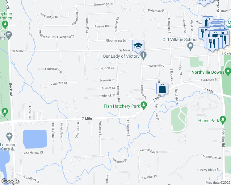 map of restaurants, bars, coffee shops, grocery stores, and more near 46078 Frederick Street in Northville