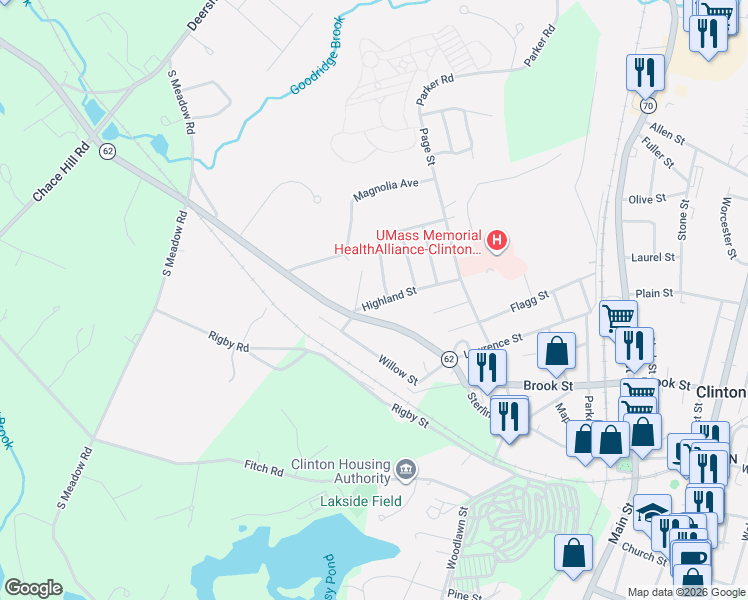 map of restaurants, bars, coffee shops, grocery stores, and more near 34 Highland Street in Clinton