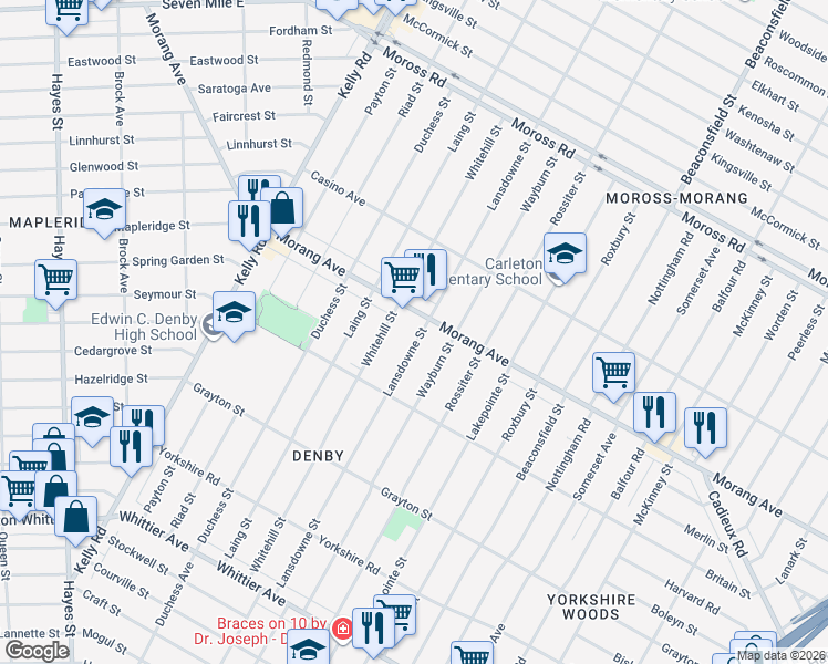 map of restaurants, bars, coffee shops, grocery stores, and more near 11931 Lansdowne Street in Detroit