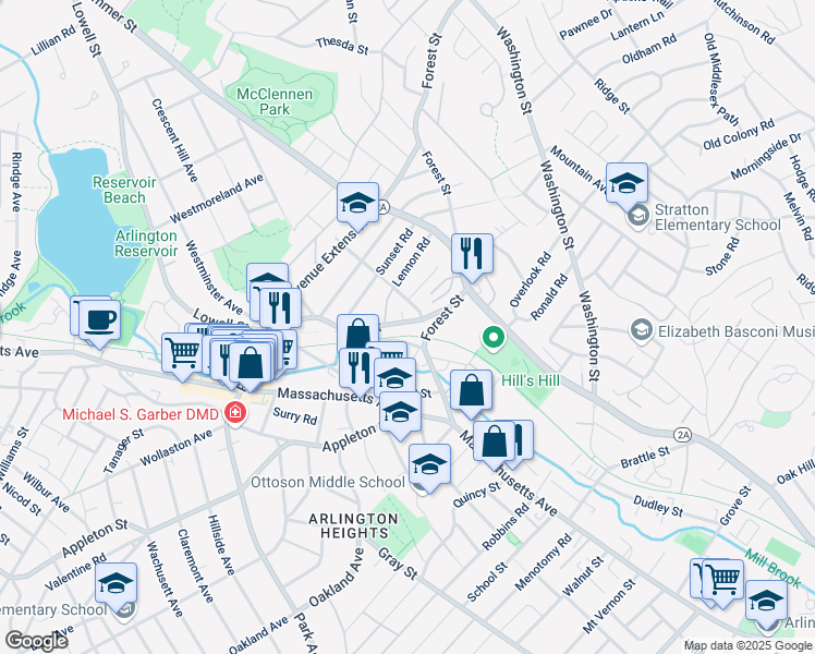 map of restaurants, bars, coffee shops, grocery stores, and more near 30 Bow Street in Arlington