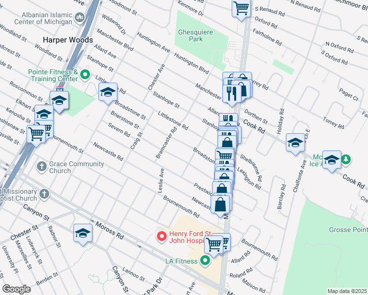 map of restaurants, bars, coffee shops, grocery stores, and more near 1829 Broadstone Road in Grosse Pointe Woods