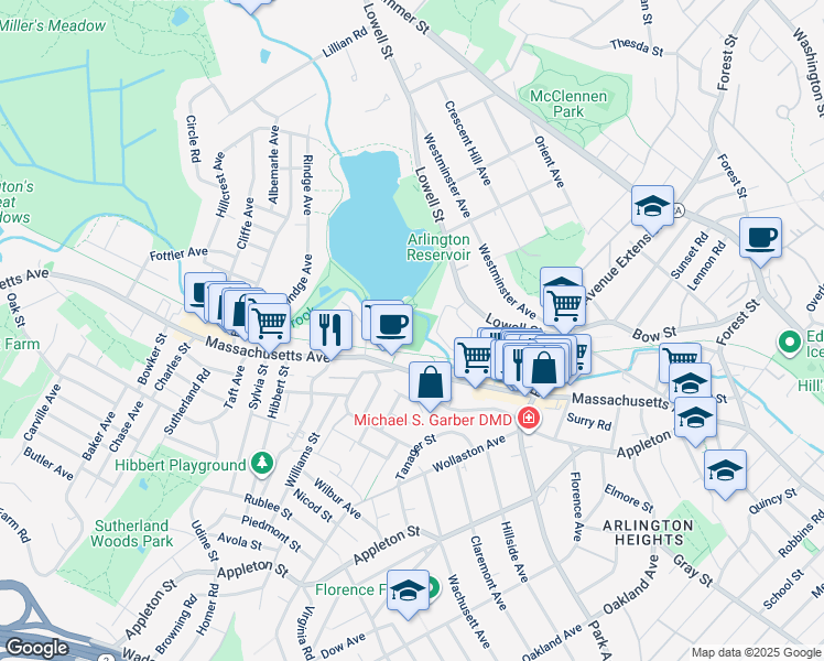 map of restaurants, bars, coffee shops, grocery stores, and more near 25 Drake Road in Arlington