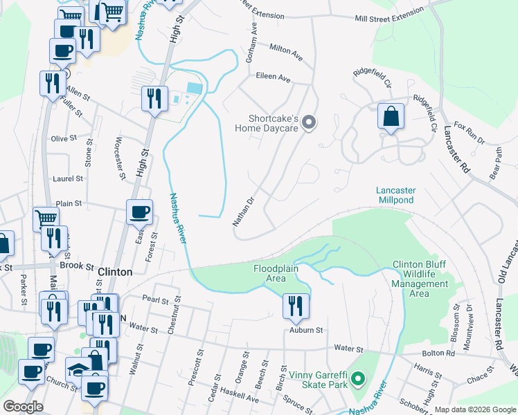 map of restaurants, bars, coffee shops, grocery stores, and more near 101 Woodruff Road in Clinton