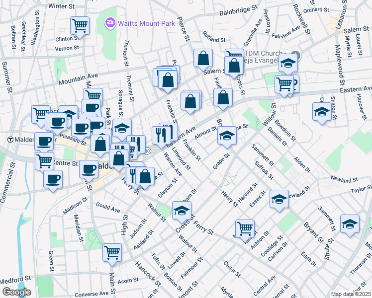 map of restaurants, bars, coffee shops, grocery stores, and more near 22 Linwood Street in Malden