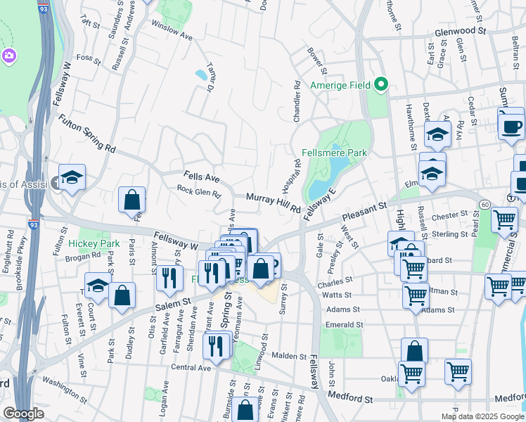 map of restaurants, bars, coffee shops, grocery stores, and more near 33 Fells Avenue Terrace in Medford