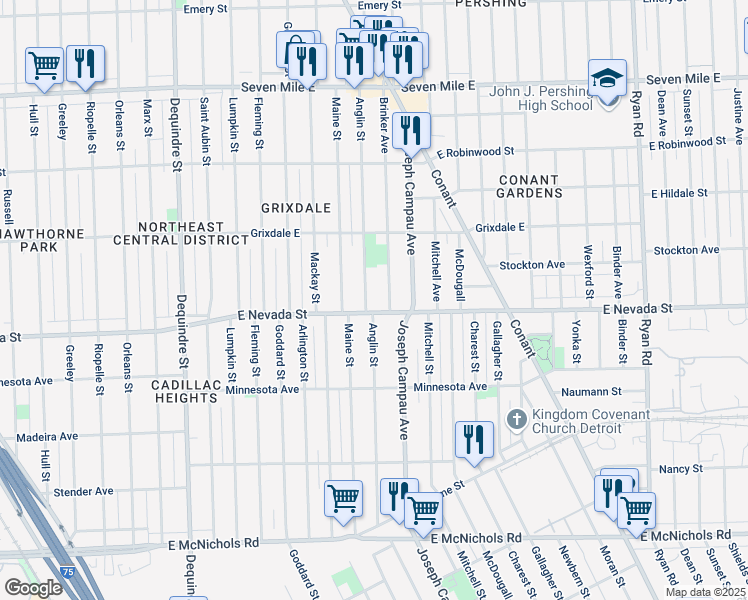 map of restaurants, bars, coffee shops, grocery stores, and more near 18010 Anglin Street in Detroit