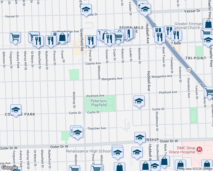 map of restaurants, bars, coffee shops, grocery stores, and more near 18456 Sussex Street in Detroit