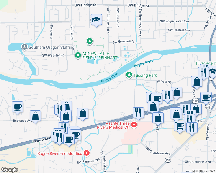 map of restaurants, bars, coffee shops, grocery stores, and more near 952 West Park Street in Grants Pass