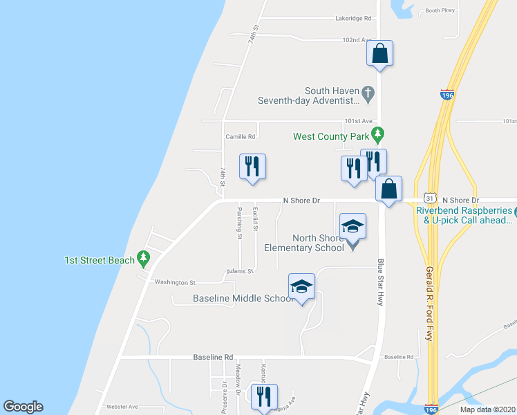 map of restaurants, bars, coffee shops, grocery stores, and more near 7378 North Shore Drive in South Haven
