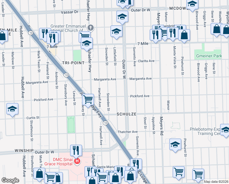 map of restaurants, bars, coffee shops, grocery stores, and more near 18412 Littlefield Street in Detroit