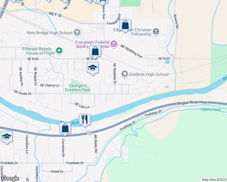 map of restaurants, bars, coffee shops, grocery stores, and more near 1982 Southeast Portola Drive in Grants Pass