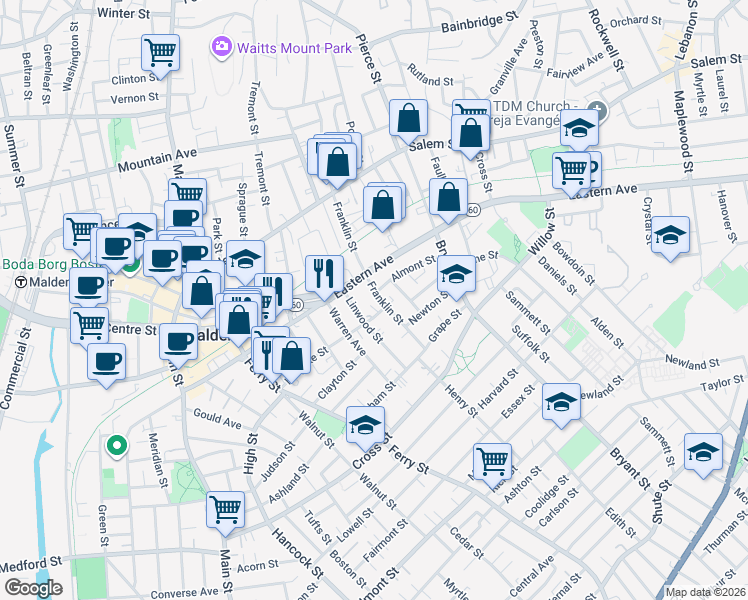 map of restaurants, bars, coffee shops, grocery stores, and more near 22 Linwood Street in Malden
